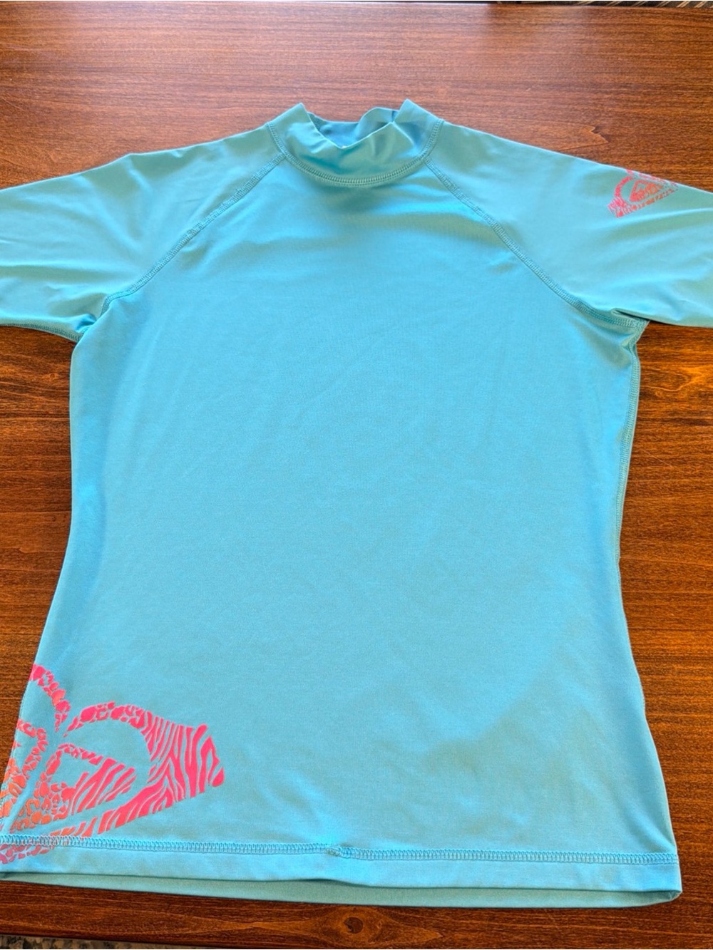 Roxy Aqua Blue Rash Guard with Pink Heart Accents